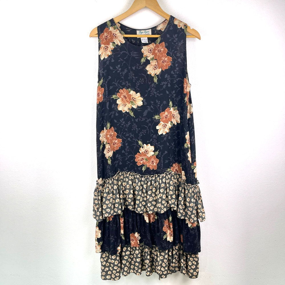 Vintage Liza Lynn Black Floral Tiered Mixed Print Tank Midi Dress Women's Small